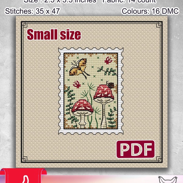 Small cross stitch pattern: Mushrooms, Bloodworm, Card, Tag, Pdf, Craft chart, Needlepoint, Autumn, Fall, Pumpkin, Leave, Gift friend, S-115