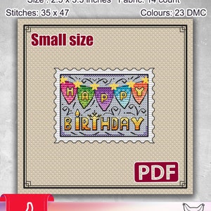 Petit modèle de point de croix : Joyeux Anniversaire, Gâteau, Timbre, Mini, Été, Blancs, Toile en plastique, Pdf, Cadeau, Fête, Ami, Cartes, DIY
