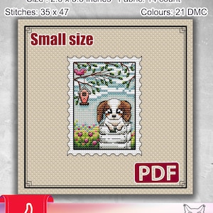 May include: Cross stitch pattern for a small dog sitting in a birdhouse with a bird on a branch above. The pattern is 2.5 inches by 3.3 inches and uses 21 colors of DMC floss. The pattern is labeled "Small size" and "PDF".