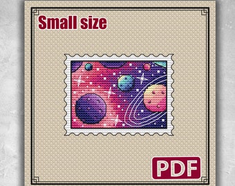 Small cross stitch pattern, Stars, Space, Galaxy, Stamp, Moon, Modern chart, Needlepoint PDF, Funny, Solar system, Counted, Landscape, S-045