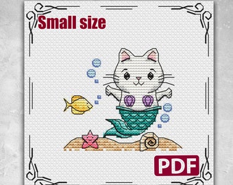 Mermaid cross stitch, Cat cross stitch, Small cross stitch pattern, Cute cat cross stitch, Funny cross stitch pattern, Cross stitch Mermaid