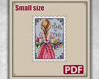Small cross stitch: Gratitute card, Flowers, Summer, Stamp, Modern, Lavender, Tulips, Gift for friends, Modern funny wooden blank, S-137