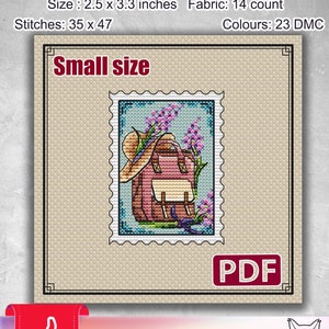 May include: Cross stitch pattern for a small size design of a pink backpack with a hat and flowers. The pattern is 2.5 x 3.3 inches and uses 23 DMC colors. The pattern is labeled "Small size" and "PDF".