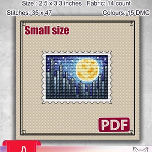 Town cross stitch, City cross stitch pattern, Cross stitch night city, Moon cross stitch, Night cross stitch, Small cross stitch, S-042