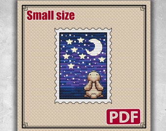 Small cross stitch pattern: Rabbit, Animals, Moon, Stamp, Stars, Modern, Pdf, Easy, Blank, Space, Night, Modern, Patterns, S-020