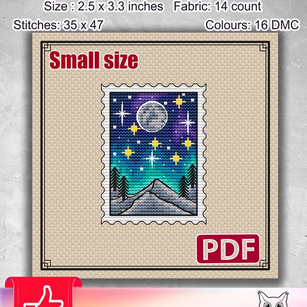 Small cross stitch pattern: Stamp, Moon, Star, Mountain, Northern lights, Simple, PDF, Landscape, Modern, Space, Mini, Nature, Camping,S-017