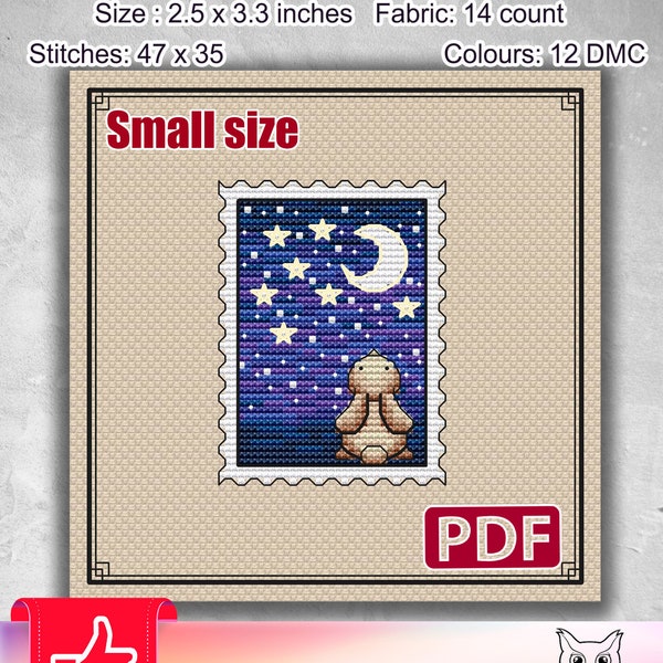 Small cross stitch pattern: Rabbit, Animals, Moon, Stamp, Stars, Modern, Pdf, Easy, Blank, Space, Night, Modern, Patterns, S-020