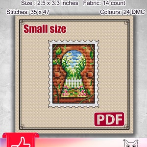 May include: Cross stitch pattern for a keyhole with a garden scene inside. The pattern is 2.5 inches by 3.3 inches and uses 24 DMC colors. The pattern is labeled "Small size" and "PDF".