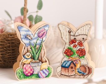 Cross stitch KIT: Easter bunny, Spring design, Rabbit with Flowers, Chicken cross stitch pattern, Small needlework, Cute gift, Craft DIY