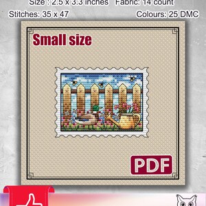 May include: A cross stitch pattern depicting a garden scene with a fence, flowers, and ducks. The design is labelled "Small size" and measures 6.35 cm x 8.38 cm. The pattern uses 25 DMC colours and is available as a PDF.