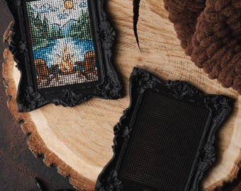 Cross stitch KIT: Mini Cross Stitch Frame for Stamp Designs, Black Gothic, Halloween acrylic frame, Small pattern, Fall modern pattern, Gift