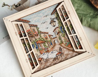 Cross stitch KIT: Summer window, Cozy landscape, Sea Nature and Flowers, Mother's Day Cards, Gift stitch DIY, Travel Italian street, Blank