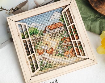 Cross stitch KIT: Summer window, Village landscape, Cat Nature and Flowers, Gift Cards, Village stitch DIY, Hens and roosters, Wooden frame