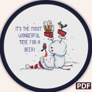 Kerst kruissteekpatroon: Grappig sneeuwpopbier, winter, ornament, kleine cadeaukaarten, PDF, kerstman, kerstbal, sneeuwvlokken, doe-het-zelf cadeaupakket