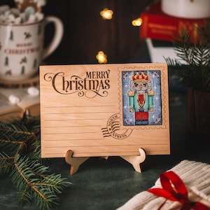 Cross stitch KIT: Christmas card Nutcracker, Wooden postcard gift, Small stamp, DIY Winter, Beginner stitch, Craft needlepoint, Santa gift