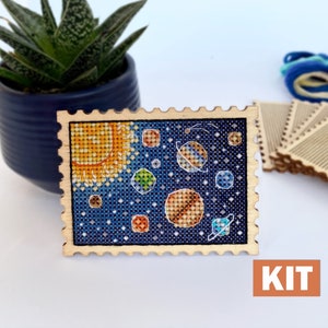 Cross stitch KIT: Space, Stamp, Planet, Galaxy, Primitive, Pattern, Cards, Blank, Diy, Beginner, Counted, Modern, Small, Wood, Fantasy