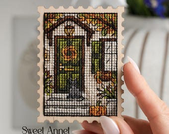 Cross stitch KIT: Autumn stamp cat, Cozy Fall leaves, Small Stamp, Tarvel, Nature trees, Landscape forest, Beginner diy, Halloween pumpkin