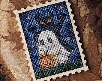 Cross stitch KIT: Ghost Pumpkin, Halloween Fall Leaves, Cozy Stamp Pattern, Needlepoint card, Stitch blank, Beginner diy, Pattern PDF