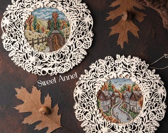 Cross stitch KIT: Fall wreath, Autumn pattern, Village design, Pumpkins stitch pattern, DIY Needlepoint, Nature pattern, Girl and horse, PDF