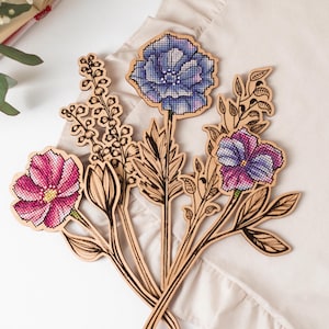 Kruissteek KIT: Bloemen, Lente, Zomer, Roos, Anemonen, Viooltjes, Cadeau voor Moederdag, Plant, Steekpatroon DIY, Schattig, Klein