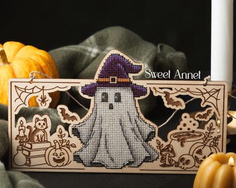 Cross stitch KIT: Halloween ghost, Fall design, Pumpkins with Bat, Mystery cross stitch pattern, Frame needlework, Spooky gift, Boo DIY, PDF