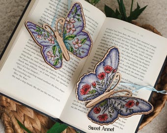 Cross stitch KIT: Flowers butterfly, Spring, Summer, Mac, Pansies, Gift Mother's Day, Plant, Stitch pattern DIY, Cute, Small, Wodden, PDF