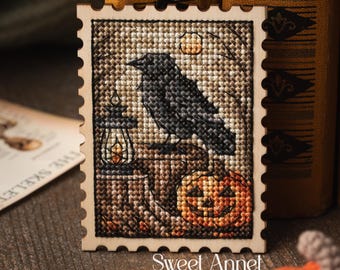 Cross stitch KIT: Halloween Crow, Fall Leaves, Cozy Stamp, Primitive Pattern, Needlepoint card, Stitch blank, Beginner diy, Pattern PDF