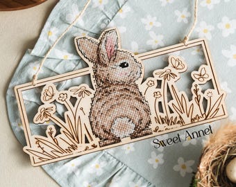 Cross stitch KIT: Easter bunny, Spring design, Rabbit with Flowers, Butterfly cross stitch pattern, Small needlework, Cute gift, Craft DIY