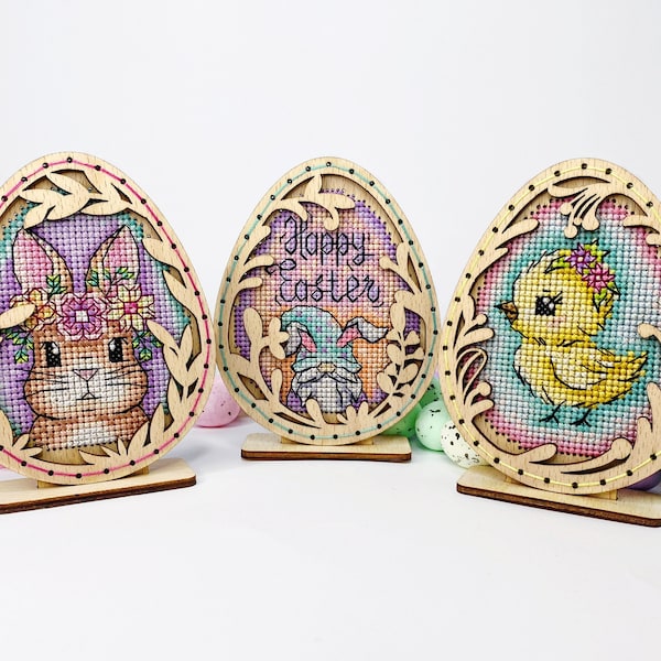 Cross stitch KIT: Easter Eggs, Spring, Flowers, Gnome, Rabbit, Chicken, Plastic canvas, Small, Needlework, Cute, Modern, Cards, Craft, DIY