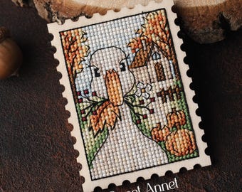 Cross stitch KIT: Autumn stamp Goose, Cozy Fall leaves, Small Stamp, Tarvel, Nature trees, Landscape forest, Beginner diy, Halloween pumpkin