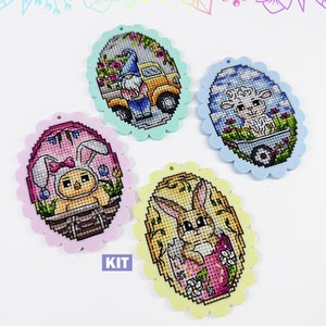 KIT de point de croix : Lapins de Pâques, Œufs, Fleurs, Gnome, Lapin, Carotte, Toile en plastique, Petit, Broderie, Mignon, Moderne, Cartes, Artisanat, DIY