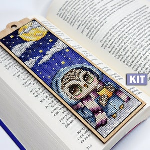 Cross stitch KIT: Bookmark, Winter, Owl, Night, Christmas, Snow, Wooden, Small, Mini, Pattern, Tag, Modern, Cards, Craft, DIY, Beginner