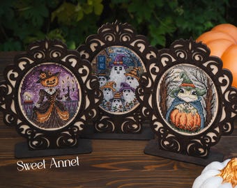 Cross stitch KIT: Halloween frame, Ghosts Pumpkins, Fall design, Frog Mystery Pattern, Small House, Cat, Bat, Cards, DIY, Autumn, Xstitch