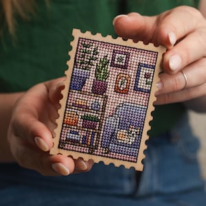 Kit de punto de cruz: Libro Planta Gato, Patrón de sello pequeño, Primitivo, Gráfico de plantas, Tarjetas de regalo, Madera en blanco DIY, Principiante contado, Kit de paisaje