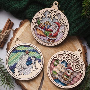 Cross stitch KIT: Christmas balls, Baubles, Gift, Christmas stocking, Santa, Snowman, Tree, Bear, Blank, Small, Pattern, Cards, DIY, Winter