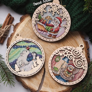 Cross stitch KIT: Christmas balls, Baubles, Gift, Christmas stocking, Santa, Snowman, Tree, Bear, Blank, Small, Pattern, Cards, DIY, Winter