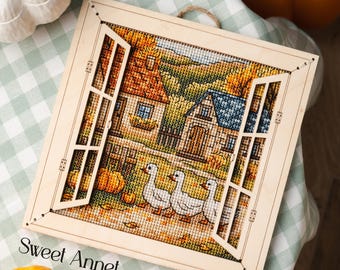 Cross stitch KIT: Fall window, Autumn landscape, Goose Nature and leaves, Thanksgiving Day Cards, Village stitch DIY, Travel stitch pattern