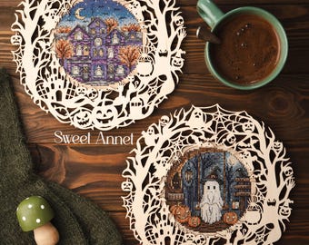 Cross stitch KIT: Halloween wreath, Fall pattern, Ghost Pumpkins stitch pattern, DIY Needlepoint, Mystery House design, Cat, Ghost, Bat