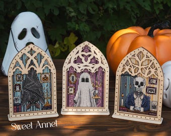 Cross stitch KIT: Halloween pumpkins, Fall, Leaves, House, Cat, Ghost, Bat, Blank, Small, Needlework, Pattern, Cards, Craft, DIY, Autumn
