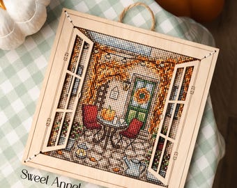 Cross stitch KIT: Fall window, Autumn cozy patio, Pumpkin coffee, Nature and leaves, Thanksgiving Day card, Gift DIY, Stitch pattern home