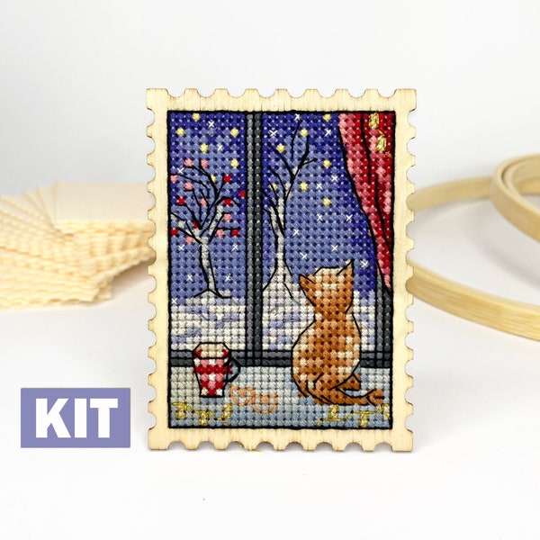 Cross stitch KIT: Cat, Winter, Christmas, New Year, Snow, Small, Stamp, Primitive, Pattern, Cards, Blank, Diy, Beginner, Counted, Modern