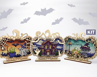 Cross stitch KIT: Halloween pumpkins, Fall, Leaves, House, Cat, Ghost, Bat, Blank, Small, Needlework, Pattern, Cards, Craft, DIY, Autumn
