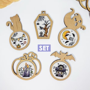 KIT punto de cruz: Mini aros de Halloween, Pequeño espacio en blanco de madera, Calabaza, Otoño, Casa, Gato, Fantasma, Murciélago, Bordado, Patrón, Tarjetas, Manualidad, Bricolaje