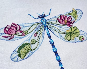 Cross stitch pattern: Dragonfly, Flowers, Lily, Summer, Spring, Cute, Modern, PDF, Insects, Plant, Bee, Butterfly, Animals, Floral, Chart