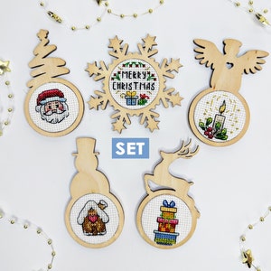 Cross stitch KIT: Christmas mini hoops, Small wooden blank, Balls, Baubles, Gift, Santa, Snowman, Tree, Blank, Pattern, Cards, DIY, Winter