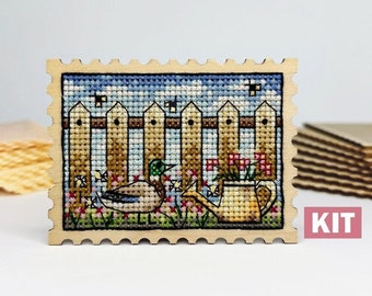 Cross stitch KIT: Duck, Spring, Easter, Flower, Summer, Birds, Stamp, Pattern, Beginner, Nature, Gift, Tag, Plant, Village, Stars, Bee