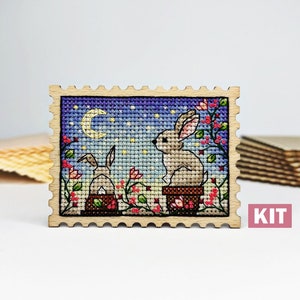 Cross stitch KIT: Rabbit, Bunny, Spring, Easter, Flower, Summer, Birds, Stamp, Pattern, Beginner, Nature, Gift, Tag, Plant, Village, Stars
