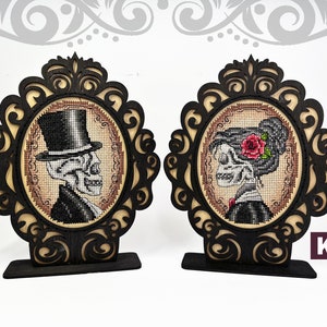 Kreuzstichset: Halloween-Totenkopf, Vintage-Rahmen, Skelettpaar, Herbstportrait, Blanko-Holz, Klein, Muster, Karten, Basteln, DIY, Herbst