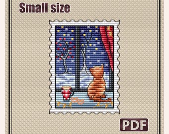 Small Cross Stitch Pattern: Christmas window cat, Winter town, Santa Gift Tag, Holiday house Card, Nutcracker Needlepoint PDF, S-086