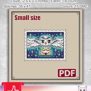 Small cross stitch pattern: Owl, Magic School, Fantasy, Castle, Wizard, Winter, Christmas, Stamp, Cards, Tags, Letter, Blank, PDF, S-108